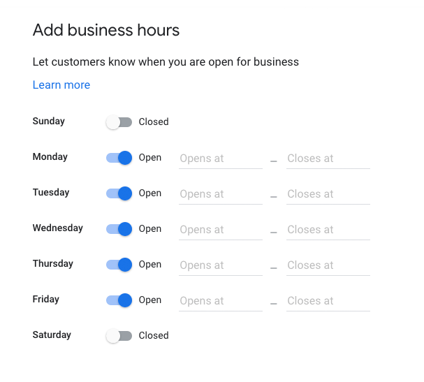 Google My Business - add open times